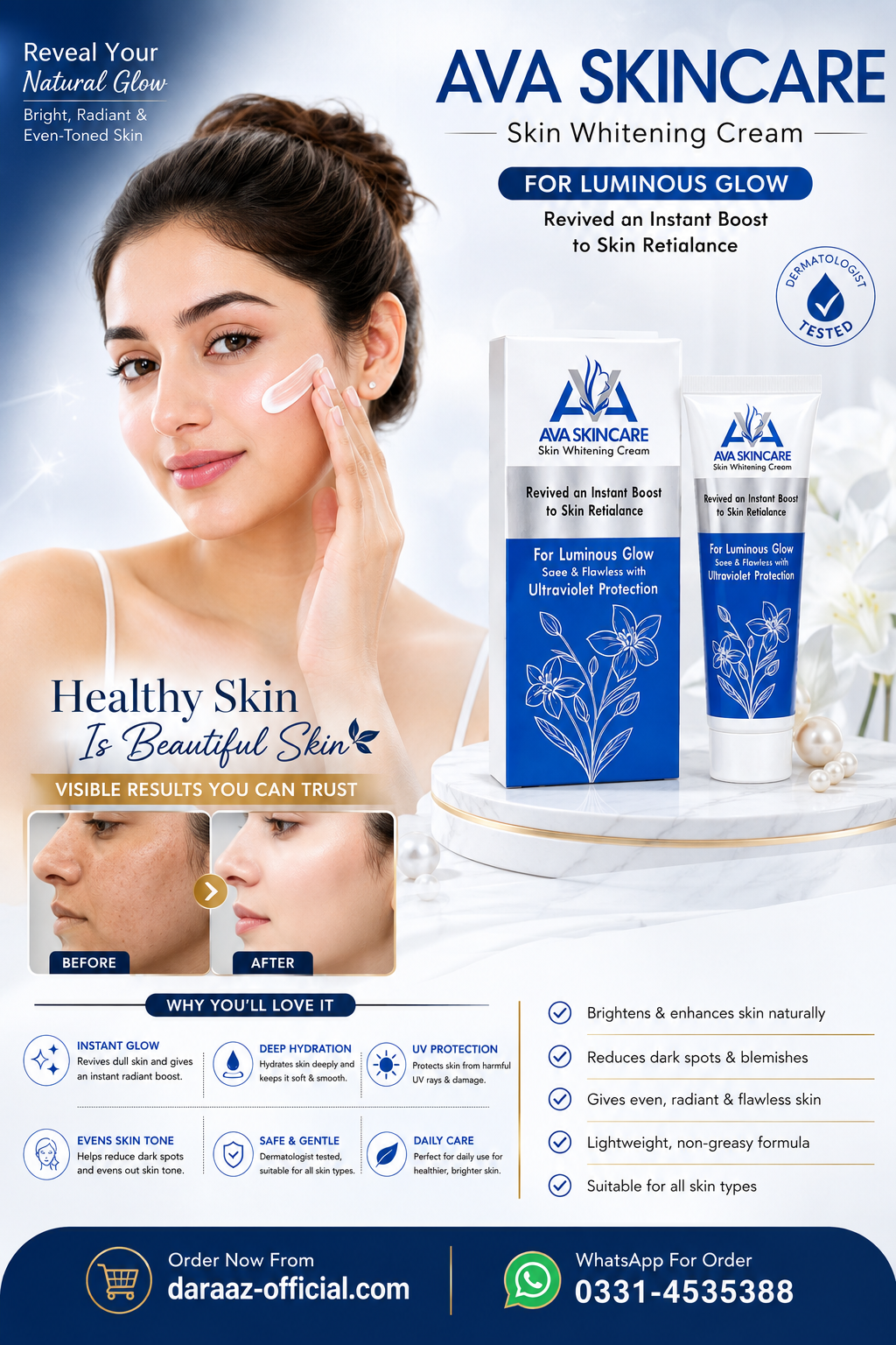 AVA Skin Whitening Cream | Brightening & Hydrating Face Cream | Smooth & Healthy-Looking Skin | 30g