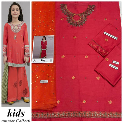 Kids 3-Piece Embroidered Lawn Suit with Net Dupatta & Stylish Patches