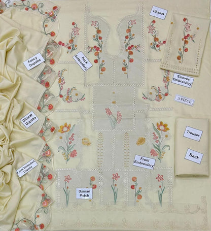 Maryam Hussain Fine Dhanak 3 Piece Unstitched Suit – Boring Embroidered Shirt & 4-Side Embroidered Shawl