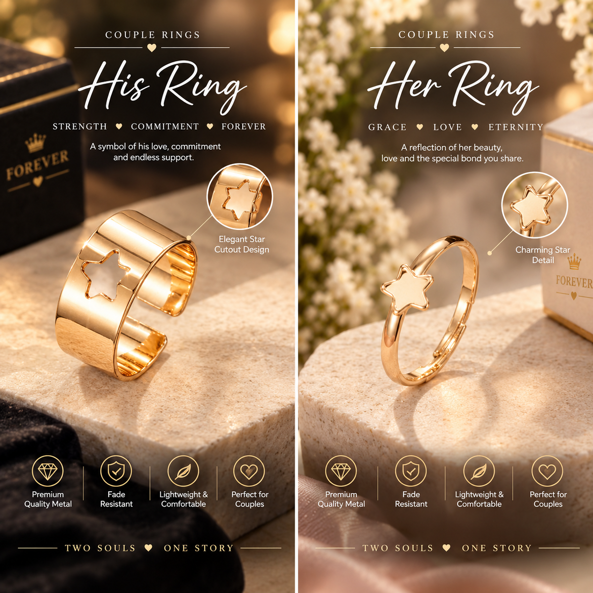 Premium Silver Star & Heart Couple Rings | His & Her Matching Rings | Elegant Couple Jewelry Set 💍✨