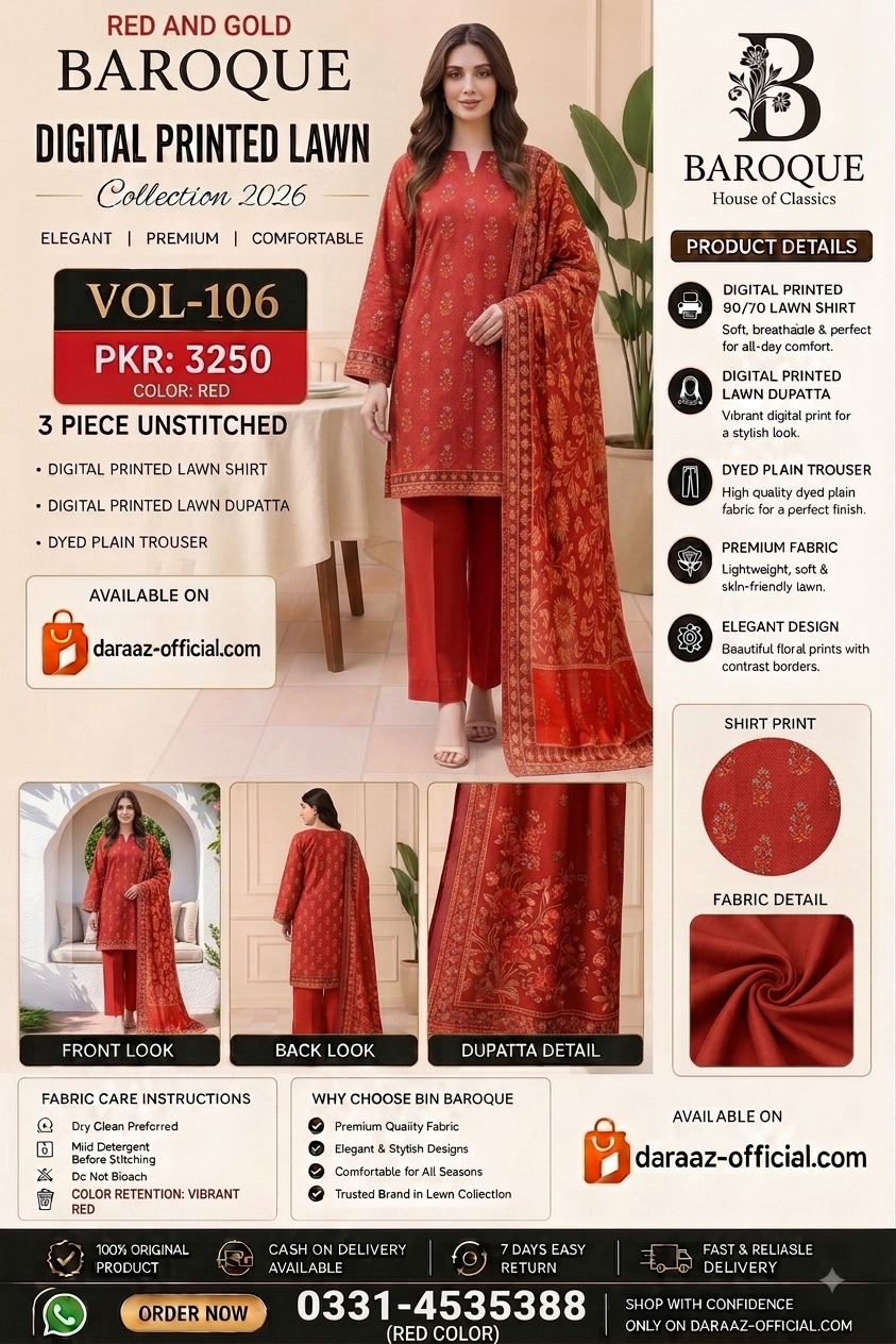 Baroque Digital Printed Lawn 3 Piece Unstitched Suit | Mustard Beige & Burnt Orange | Premium Lawn Collection 2026 | Vol-106