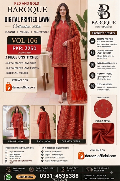 Baroque Digital Printed Lawn 3 Piece Unstitched Suit | Mustard Beige & Burnt Orange | Premium Lawn Collection 2026 | Vol-106