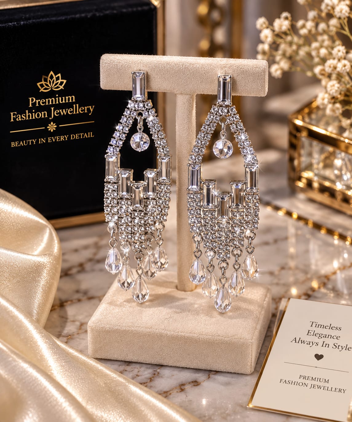 Elegant Black Crystal Gold-Plated Long Dangle Earrings for Women | Designer Party Wear Chandelier Earrings