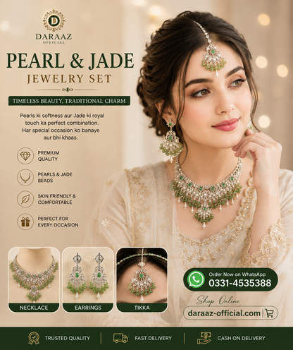 Elegant Pearl & Jade Jewelry Set – Premium Traditional Necklace, Earrings & Tikka Set