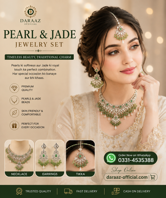 Elegant Pearl & Jade Jewelry Set – Premium Traditional Necklace, Earrings & Tikka Set