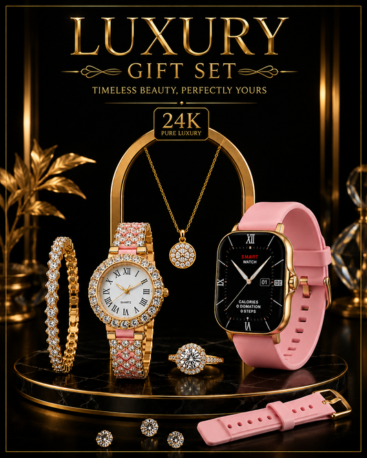 24K Luxury Gift Set for Her | Smart Watch + Diamond Watch + Bracelet + Necklace + Ring + Earrings | Premium Ladies Jewelry & Watch Set