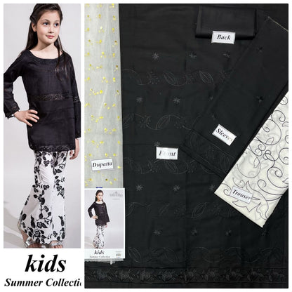 Kids 3-Piece Embroidered Lawn Suit with Net Dupatta & Stylish Patches