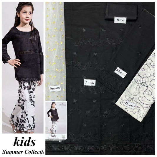 Kids 3-Piece Embroidered Lawn Suit with Net Dupatta & Stylish Patches