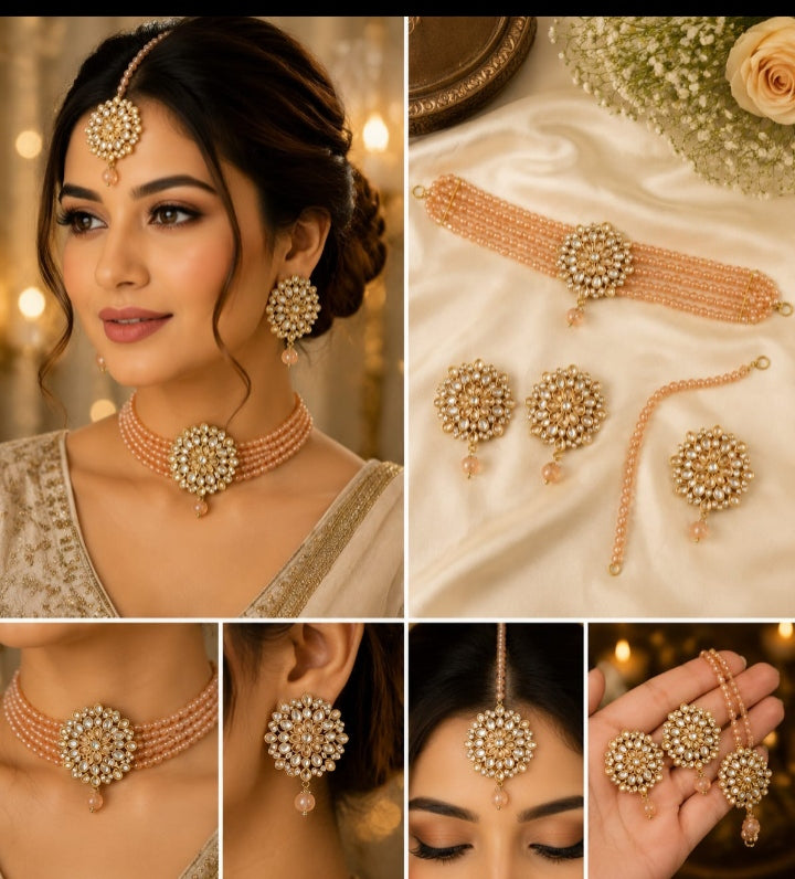 Luxury Pearl Bridal Jewelry Set | 4-Piece Gold & Peach Pearl Necklace, Earrings, Maang Tikka & Hand Chain | Traditional Pakistani Wedding Jewelry Set | Elegant Bridal Jewellery for Mehndi, Baraat & Party