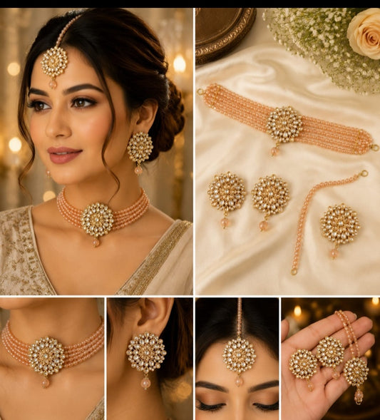 Luxury Pearl Bridal Jewelry Set | 4-Piece Gold & Peach Pearl Necklace, Earrings, Maang Tikka & Hand Chain | Traditional Pakistani Wedding Jewelry Set | Elegant Bridal Jewellery for Mehndi, Baraat & Party
