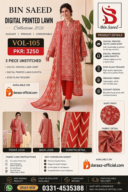 Bin Saeed Digital Printed Lawn Collection 2026 | 3 Piece Unstitched Lawn Suit | Vol-105 | Premium Printed Lawn Suit | PKR 3250