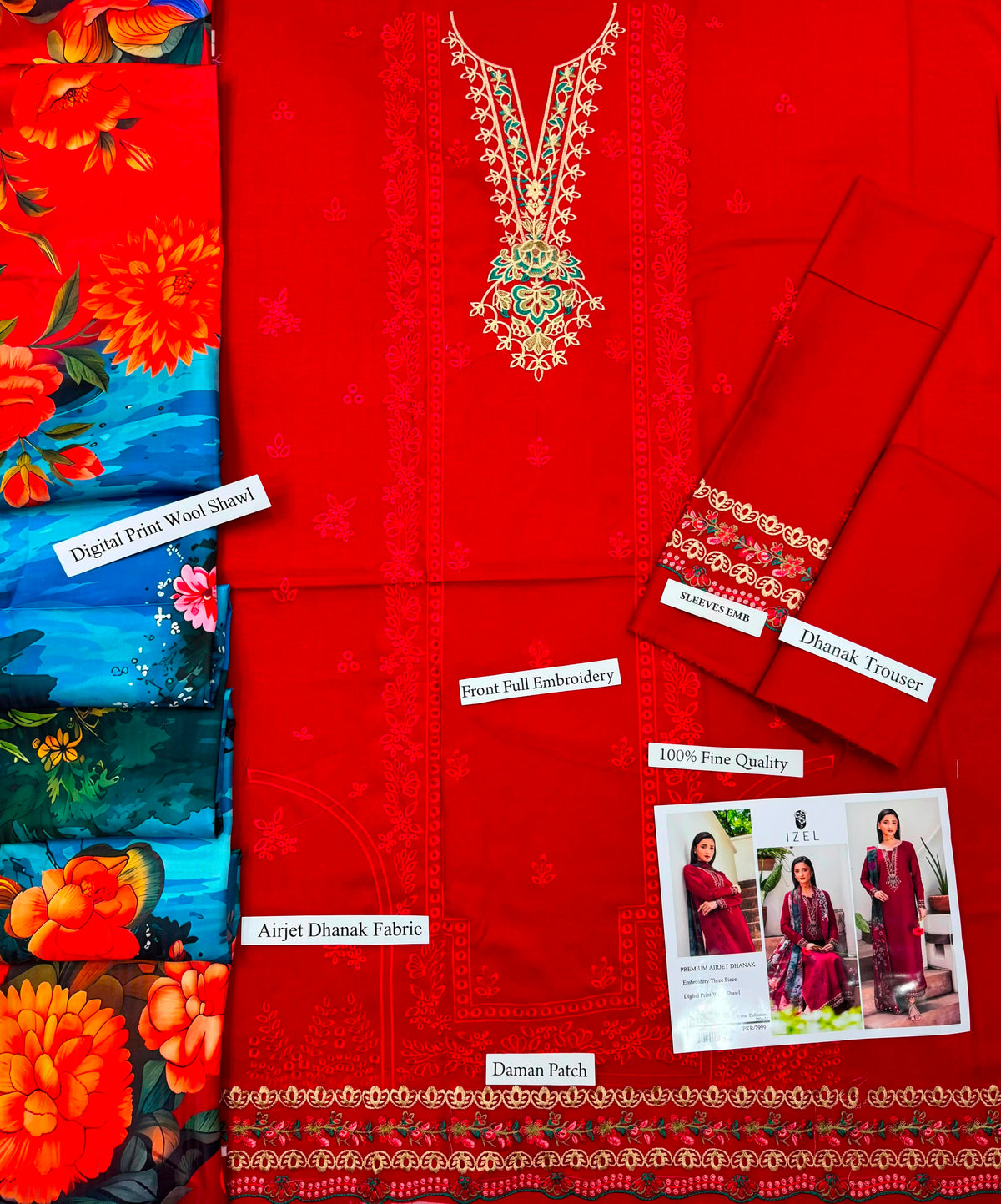 Premium Airjet Dhanak 3-Piece Suit with Digital Wool Shawl | Winter Collection 2026-27 | Full Embroidered Front & Sleeves