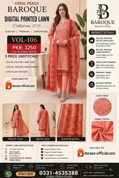 Baroque Digital Printed Lawn 3 Piece Unstitched Suit | Mustard Beige & Burnt Orange | Premium Lawn Collection 2026 | Vol-106