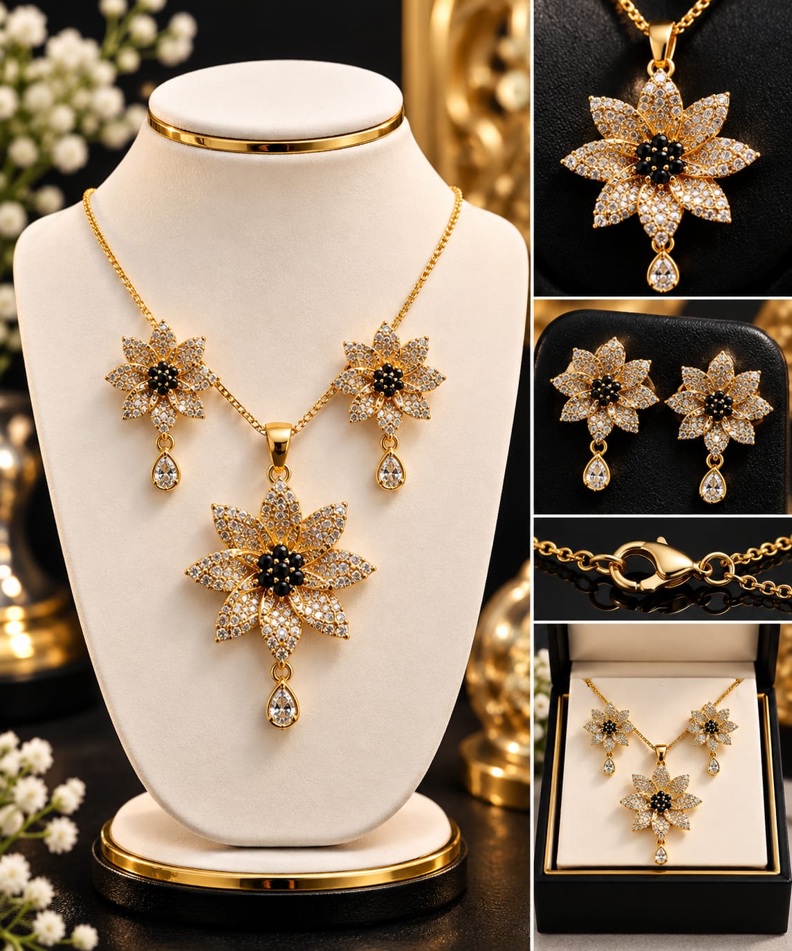 Silver Zircon Flower Jewelry Set with Pink Gemstone - Floral Pendant Necklace & Earrings Set for Women