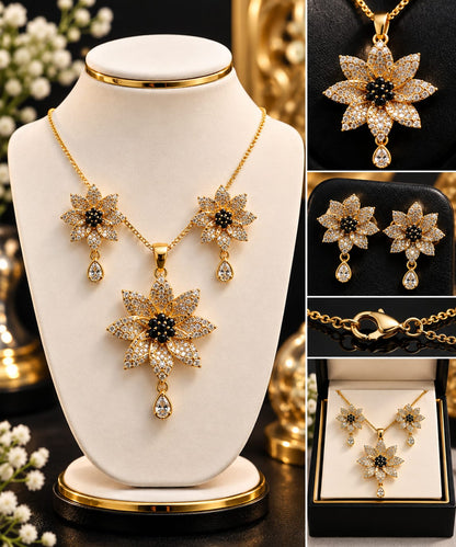 Silver Zircon Flower Jewelry Set with Pink Gemstone - Floral Pendant Necklace & Earrings Set for Women