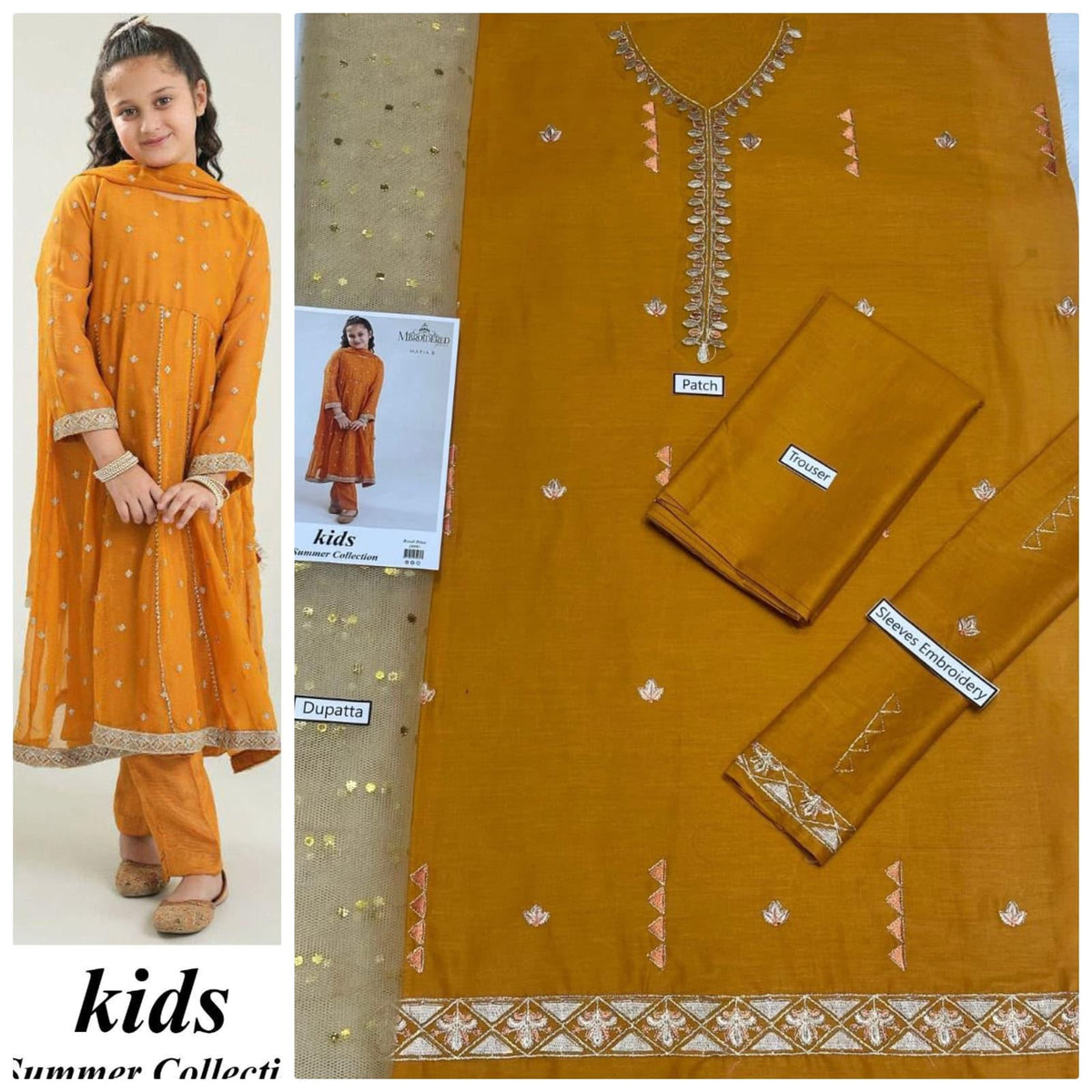 Kids 3-Piece Embroidered Lawn Suit with Net Dupatta & Stylish Patches