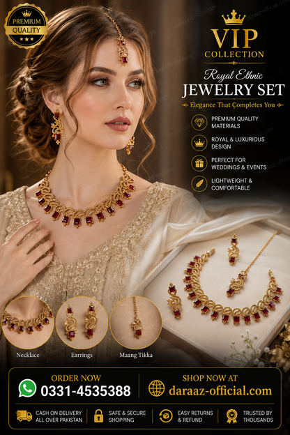 VIP Collection Royal Ethnic Jewelry Set for Women – Premium Gold-Tone Necklace, Earrings & Maang Tikka with Ruby Red Stones | Wedding & Party Wear Jewelry