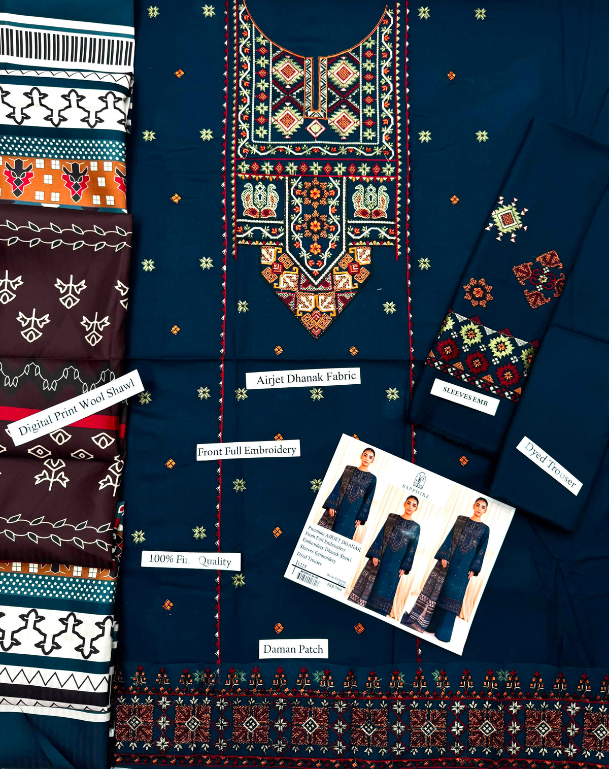 Premium Airjet Dhanak 3-Piece Suit with Embroidered Dhanak Shawl | Full Heavy Embroidery | Winter Collection 2026-27