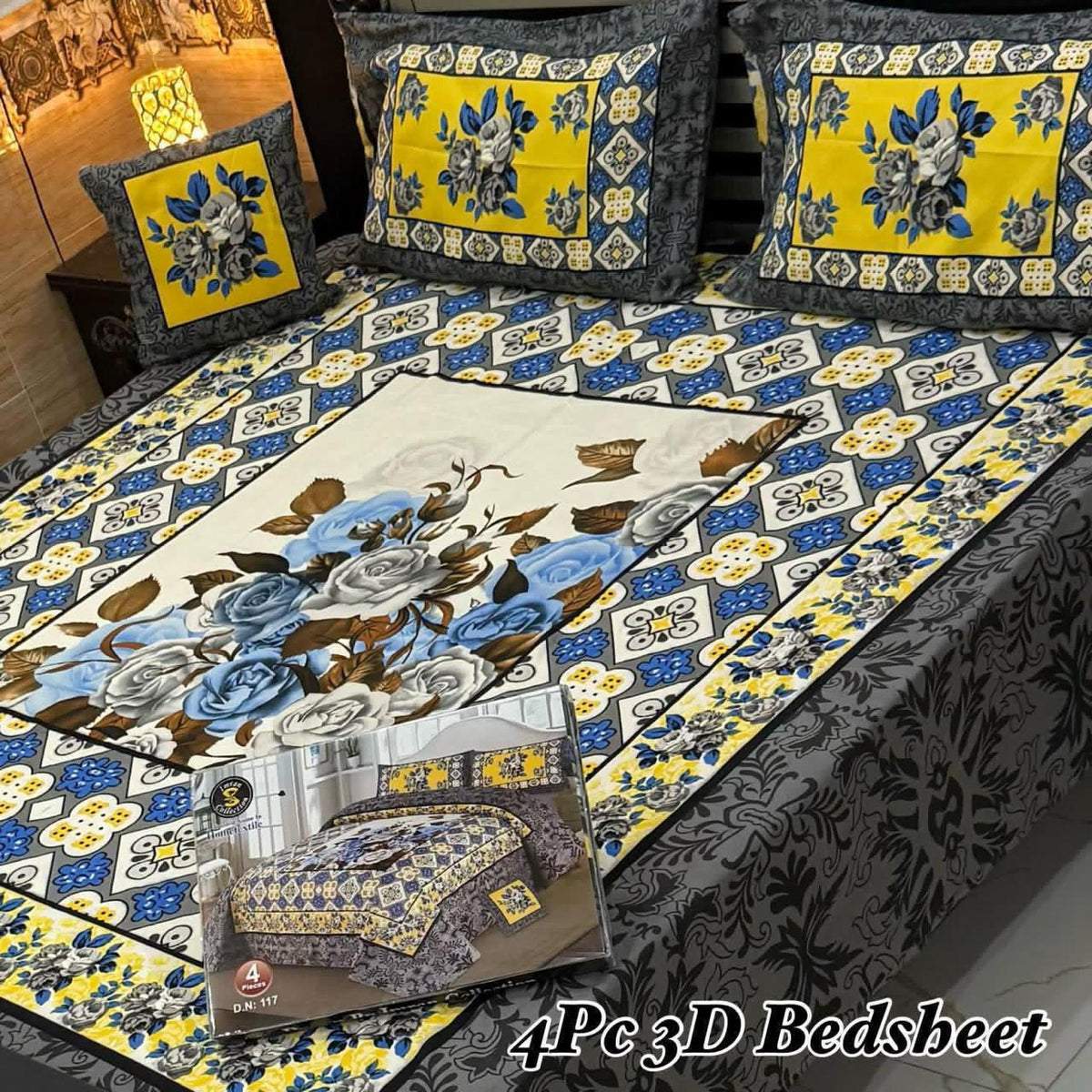 4Pc 3D Panel Bedsheet – Premium Crystal Cotton King Size