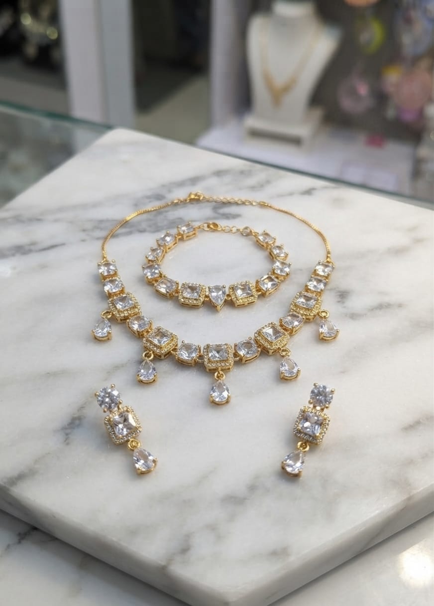 Elegant Gold & Silver Tone Zircon Necklace Set | Luxury Bridal & Party Wear Jewelry | Necklace, Bracelet & Drop Earrings Set