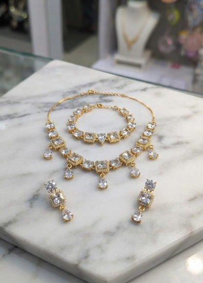 Elegant Gold & Silver Tone Zircon Necklace Set | Luxury Bridal & Party Wear Jewelry | Necklace, Bracelet & Drop Earrings Set