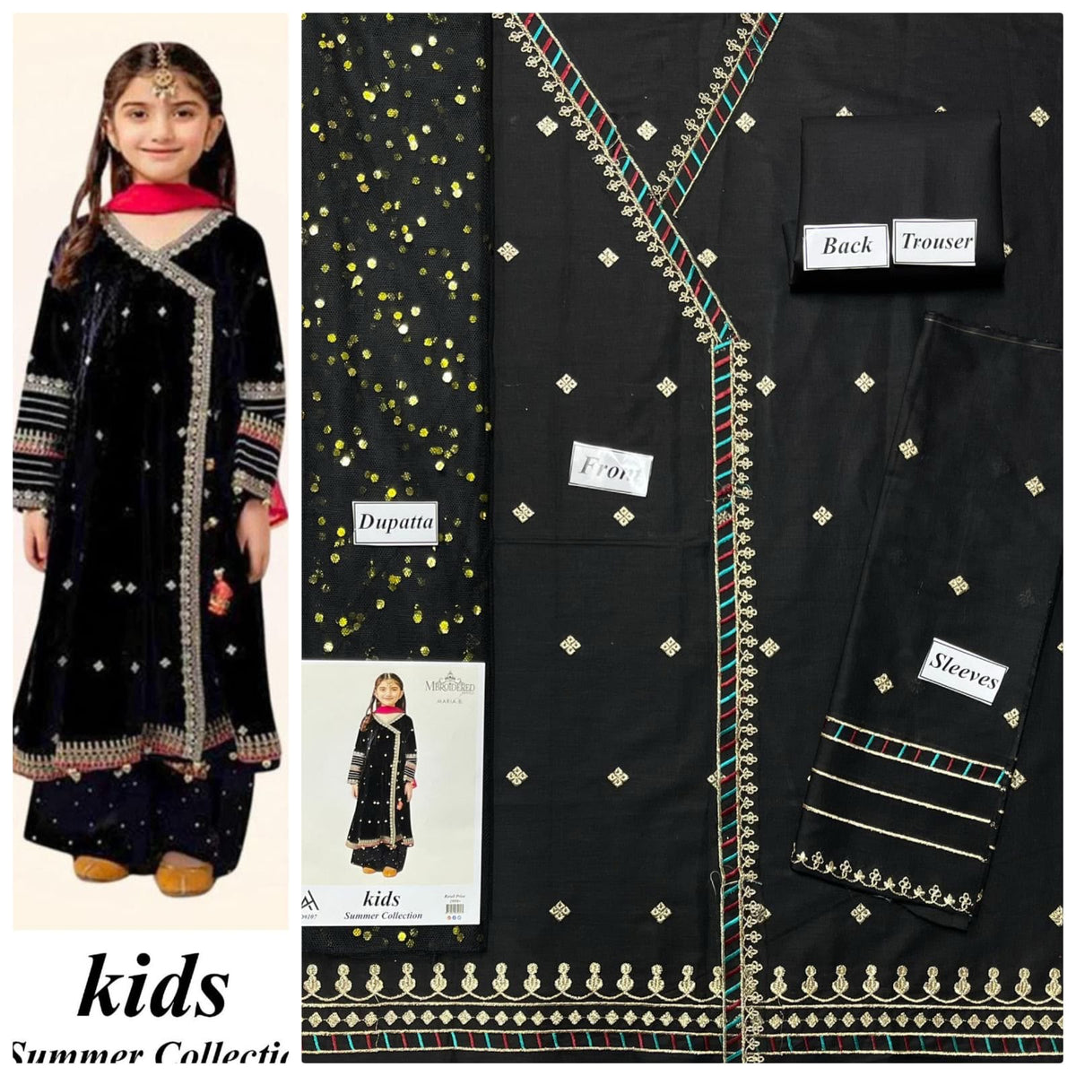 Kids 3-Piece Embroidered Lawn Suit with Net Dupatta & Stylish Patches