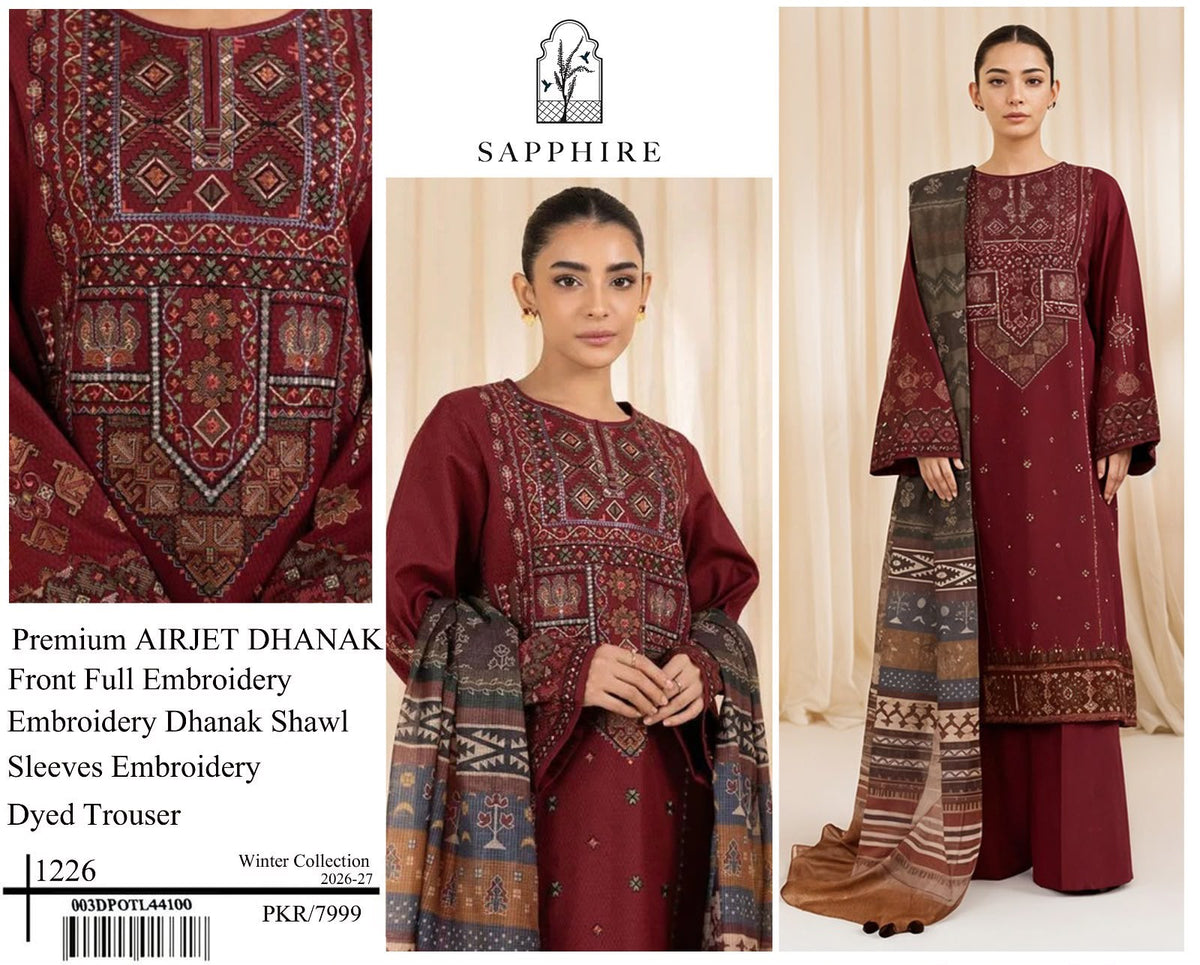 Premium Airjet Dhanak 3-Piece Suit with Embroidered Dhanak Shawl | Full Heavy Embroidery | Winter Collection 2026-27