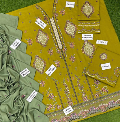 Hussain Rehar Dhanak 3-Piece Heavy Embroidered Unstitched Suit with Dhanak Embroidered Shawl – 2026 New Arrival