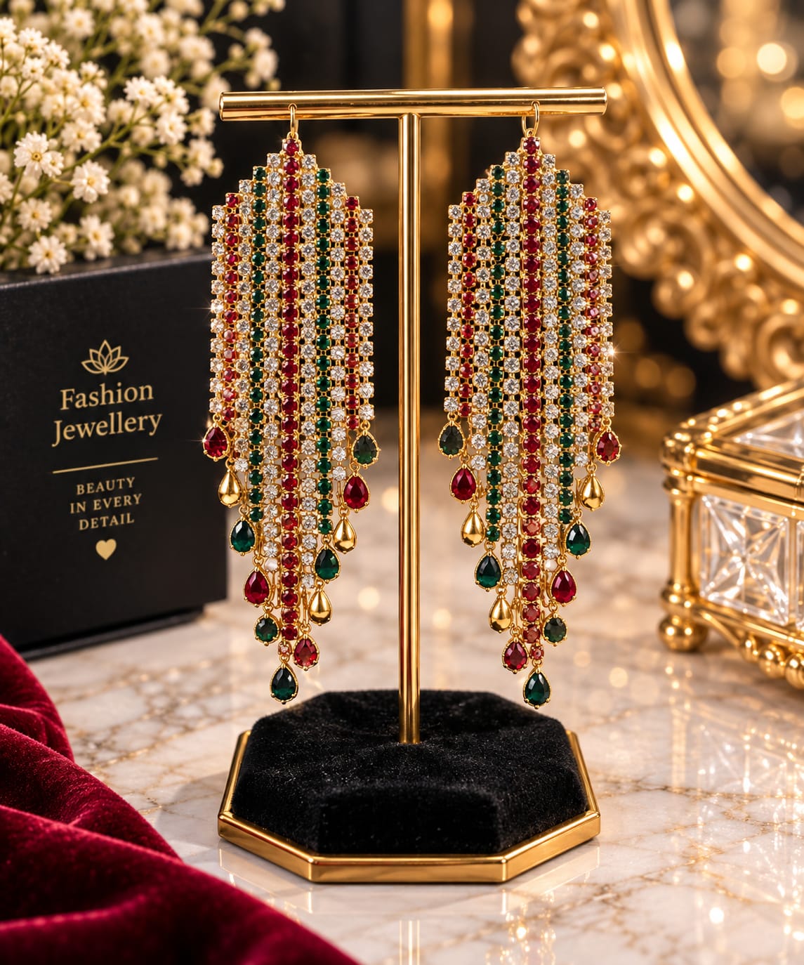 Elegant Black Crystal Gold-Plated Long Dangle Earrings for Women | Designer Party Wear Chandelier Earrings