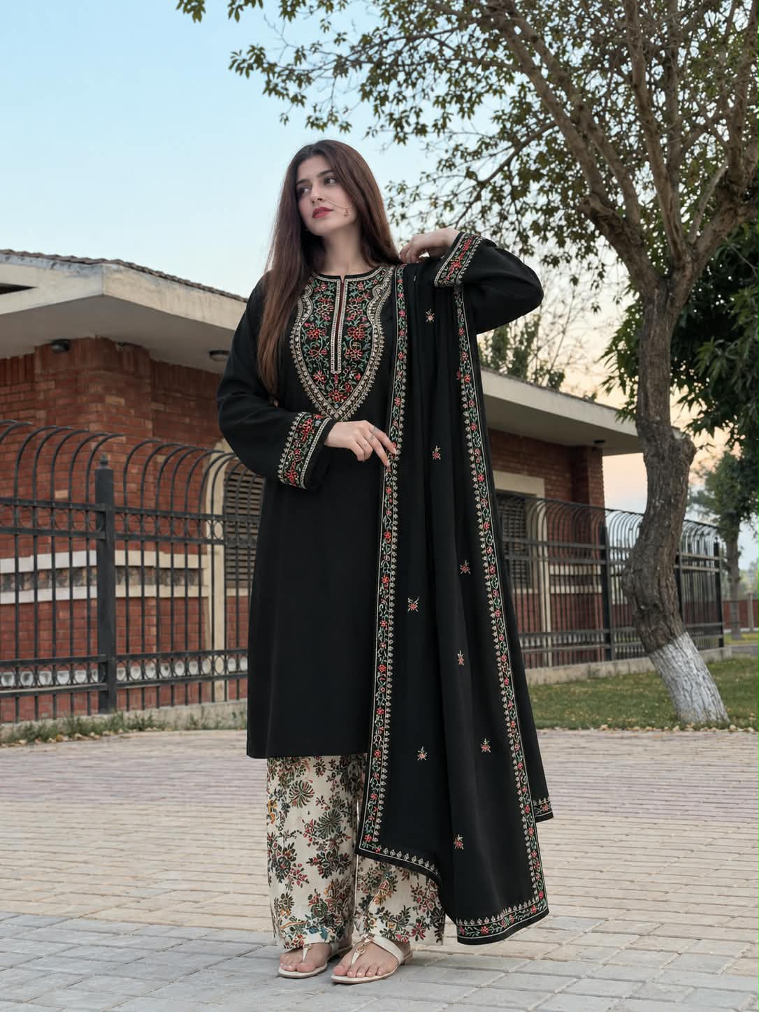 Aneelas Winter Collection 2026-27 - 3 Piece Heavy Embroidered Dhanak Suit with Digital Printed Karandi Trouser & Heavy Border Dhanak Shawl (D# NF 1305)