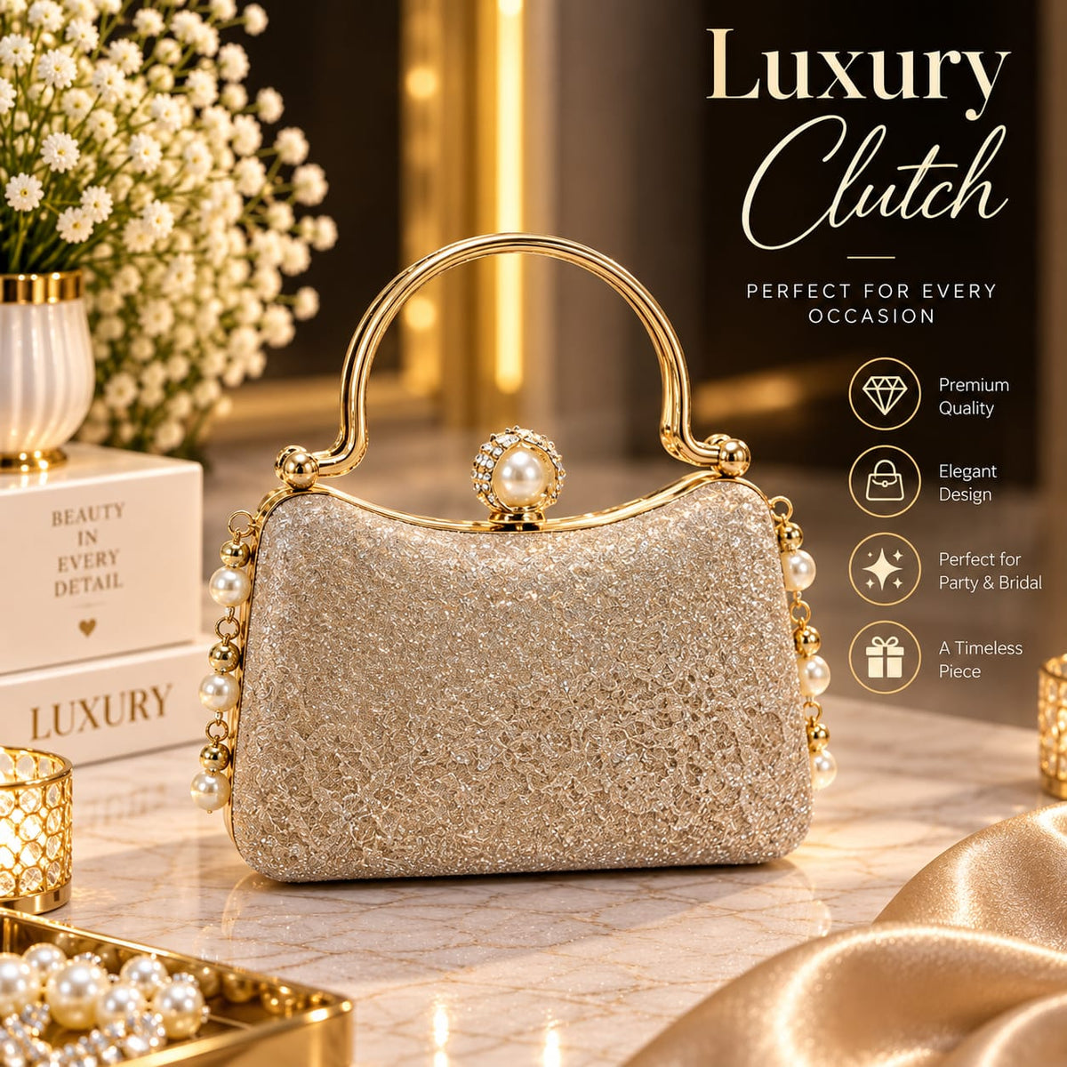 Elegant Crystal Floral Lace Bridal Clutch Bag | Premium Party Wear Purse for Women ✨