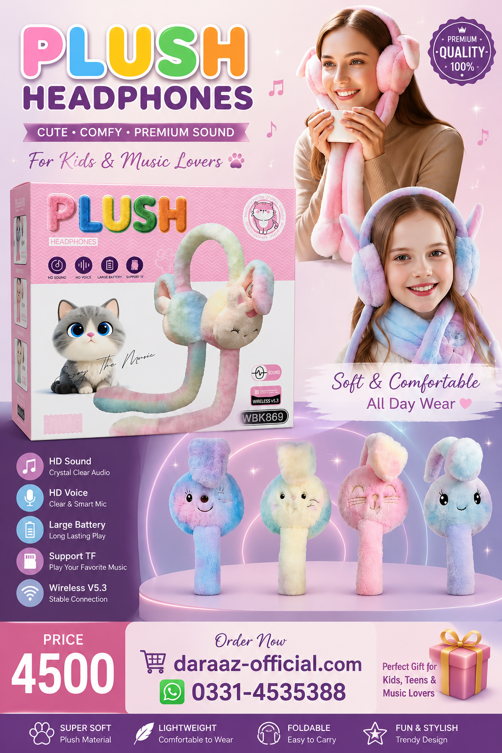 Plush Cat Ear Headphones for Kids & Teens | Cute Wireless V5.3 Bluetooth Headphones with HD Sound, Built-in Mic, TF Card Support, Soft Comfortable Design & Foldable Headband