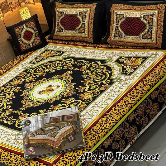 4Pc 3D Panel Bedsheet – Premium Crystal Cotton King Size