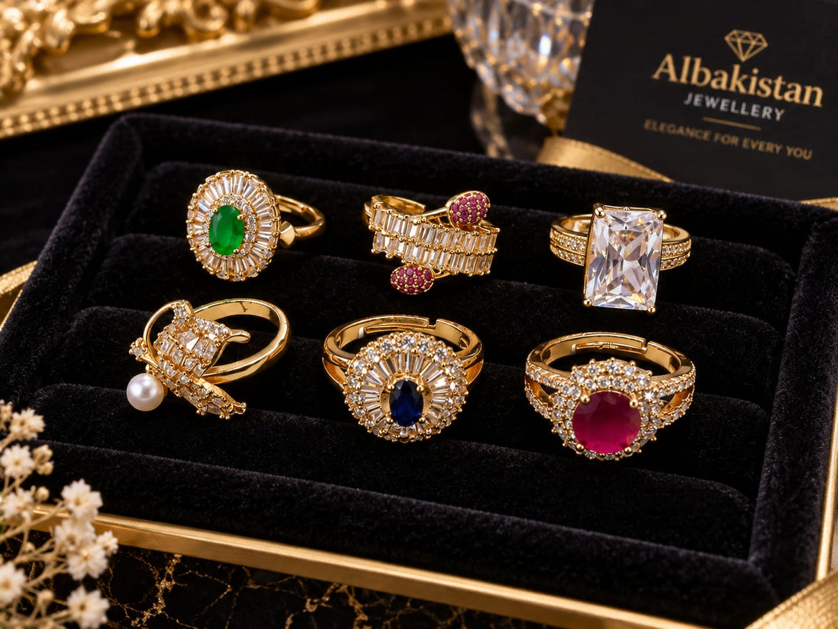 Luxury 6-Pcs Gold Plated Crystal Adjustable Ring Set for Women