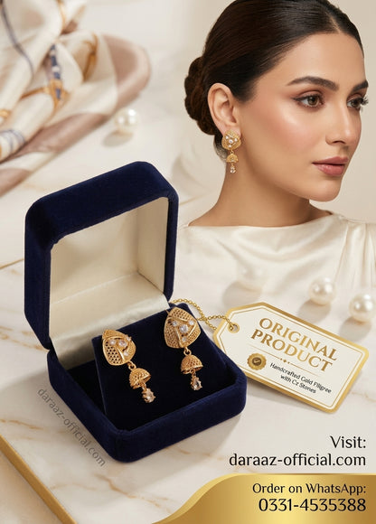 Premium Gold Plated Jhumka Earrings with Ruby Stones | Traditional Filigree Drop Earrings for Women