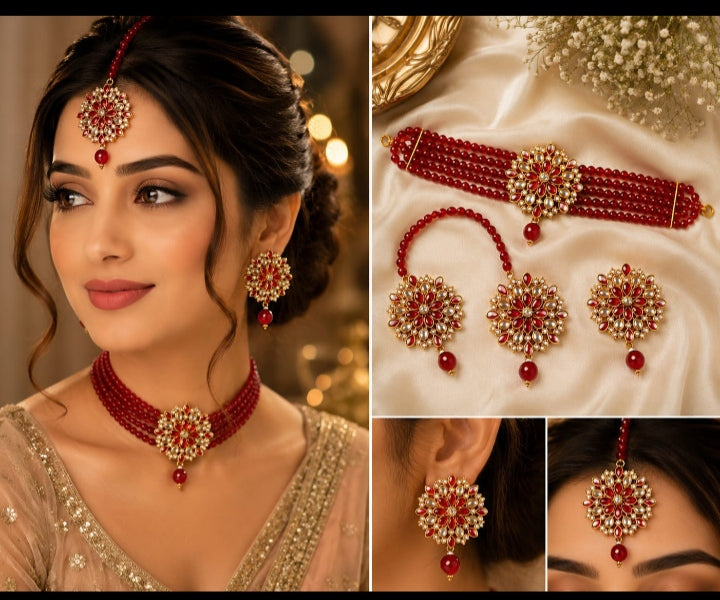 Luxury Pearl Bridal Jewelry Set | 4-Piece Gold & Peach Pearl Necklace, Earrings, Maang Tikka & Hand Chain | Traditional Pakistani Wedding Jewelry Set | Elegant Bridal Jewellery for Mehndi, Baraat & Party