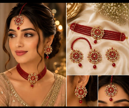 Luxury Pearl Bridal Jewelry Set | 4-Piece Gold & Peach Pearl Necklace, Earrings, Maang Tikka & Hand Chain | Traditional Pakistani Wedding Jewelry Set | Elegant Bridal Jewellery for Mehndi, Baraat & Party