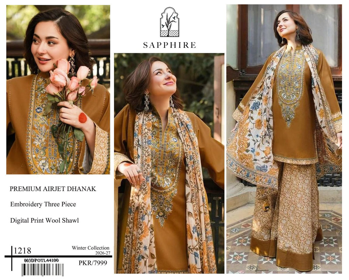 Premium Airjet Dhanak 3-Piece Suit with Digital Wool Shawl | Winter Collection 2026-27 | Full Embroidered Front & Sleeves